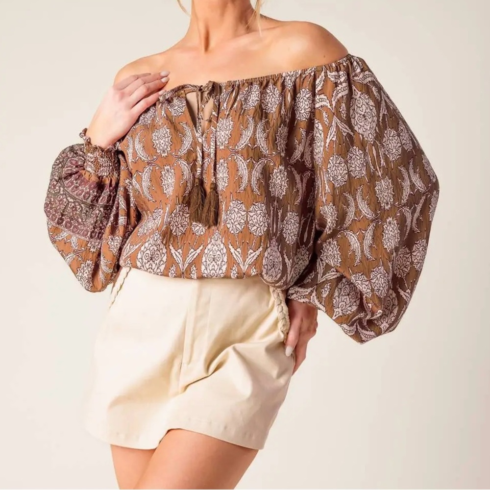 Flying Tomato Brown Boho Off-Shoulder Puff Sleeve Blouse